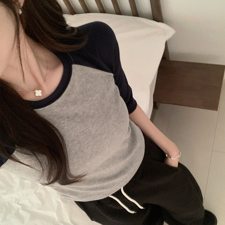 미피 래글런 라운드 배색 레이어드 스판 7부 나그랑 긴팔 티셔츠 데일리 긴팔티 겨울 슬림핏 세미 크롭 상의 3color 메란지
