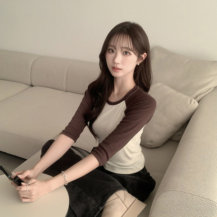 미피 래글런 라운드 배색 레이어드 스판 7부 나그랑 긴팔 티셔츠 데일리 긴팔티 겨울 슬림핏 세미 크롭 상의 3color 연노랑