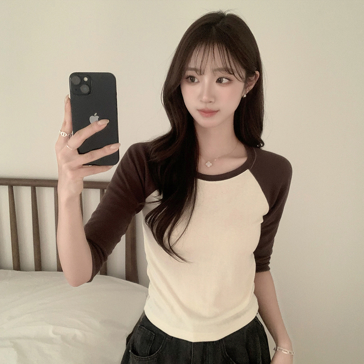 미피 래글런 라운드 배색 레이어드 스판 7부 나그랑 긴팔 티셔츠 데일리 긴팔티 겨울 슬림핏 세미 크롭 상의 3color 연노랑