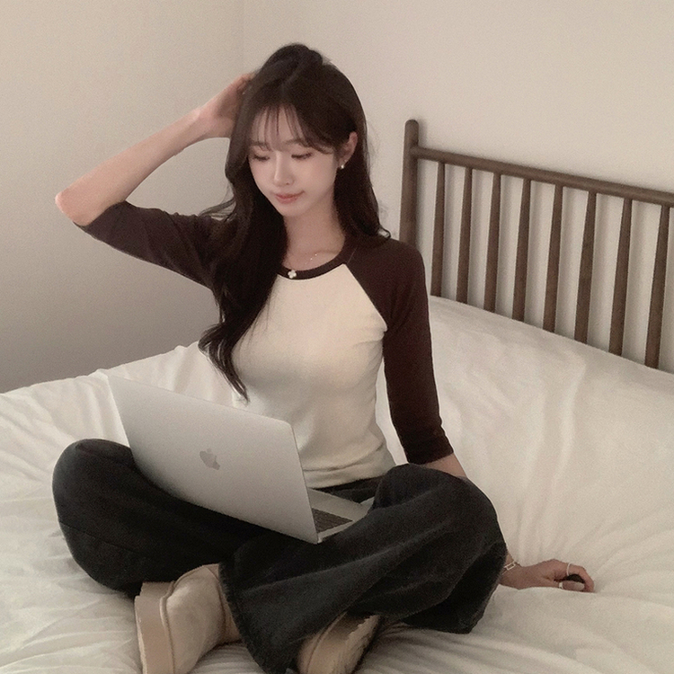 미피 래글런 라운드 배색 레이어드 스판 7부 나그랑 긴팔 티셔츠 데일리 긴팔티 겨울 슬림핏 세미 크롭 상의 3color 연노랑