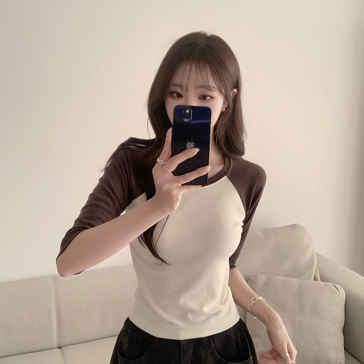 미피 래글런 라운드 배색 레이어드 스판 7부 나그랑 긴팔 티셔츠 데일리 긴팔티 겨울 슬림핏 세미 크롭 상의 3color 연노랑