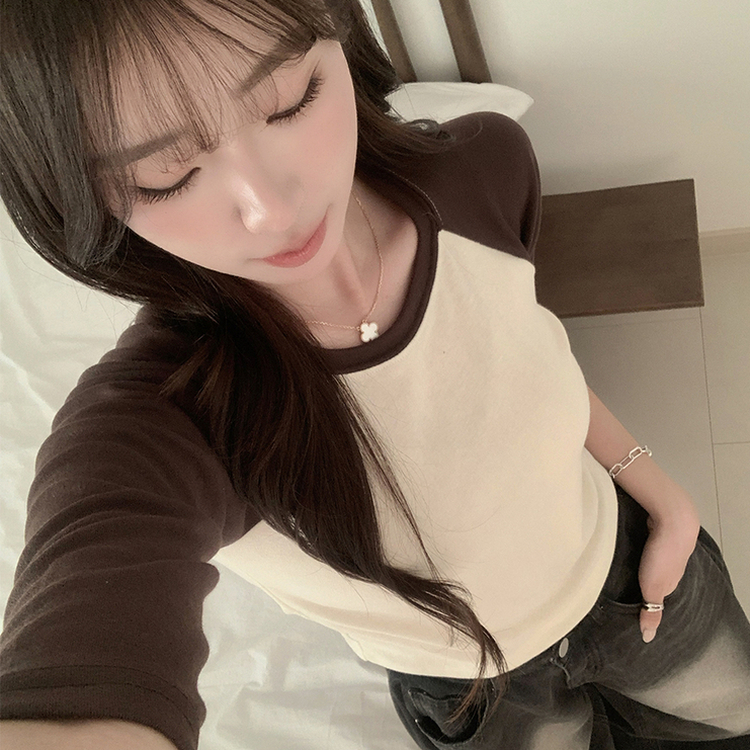 미피 래글런 라운드 배색 레이어드 스판 7부 나그랑 긴팔 티셔츠 데일리 긴팔티 겨울 슬림핏 세미 크롭 상의 3color 연노랑