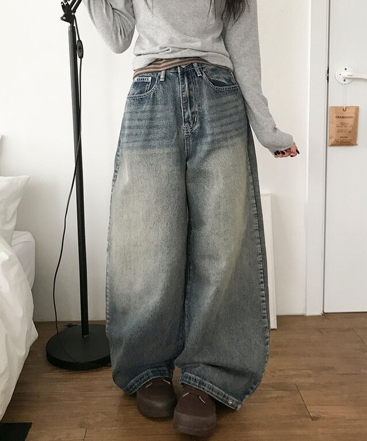 단테 워싱 와이드 데님 팬츠 3단기장 청바지 롱팬츠 그레이시진청