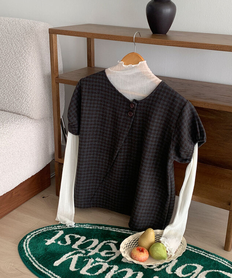 아멜 울 체크 버튼 모직 반팔 블라우스