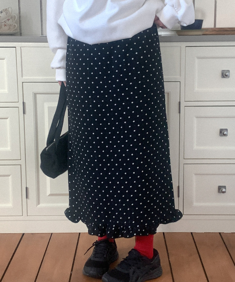 ウールドットフリルロングスカート BLACK