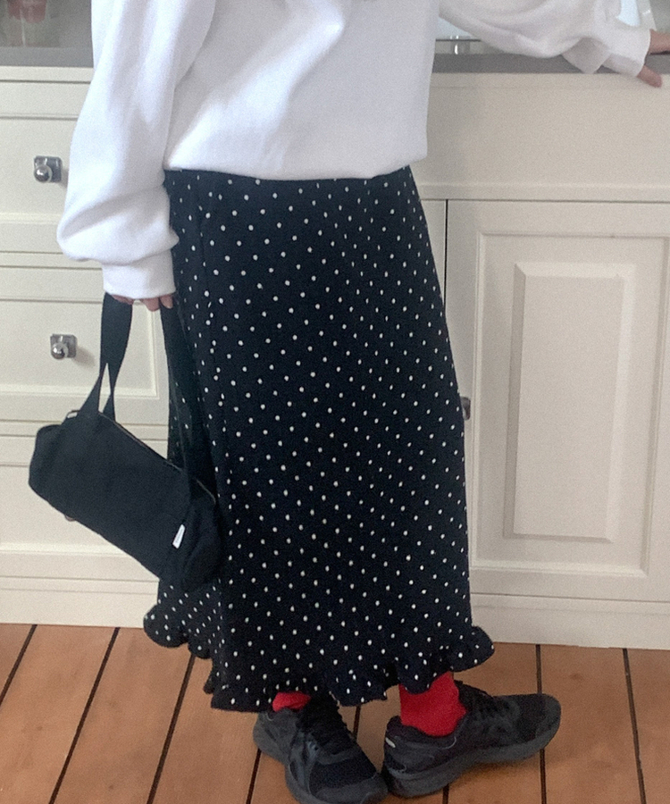 ウールドットフリルロングスカート BLACK