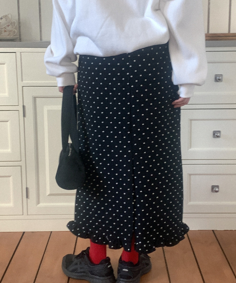 ウールドットフリルロングスカート BLACK