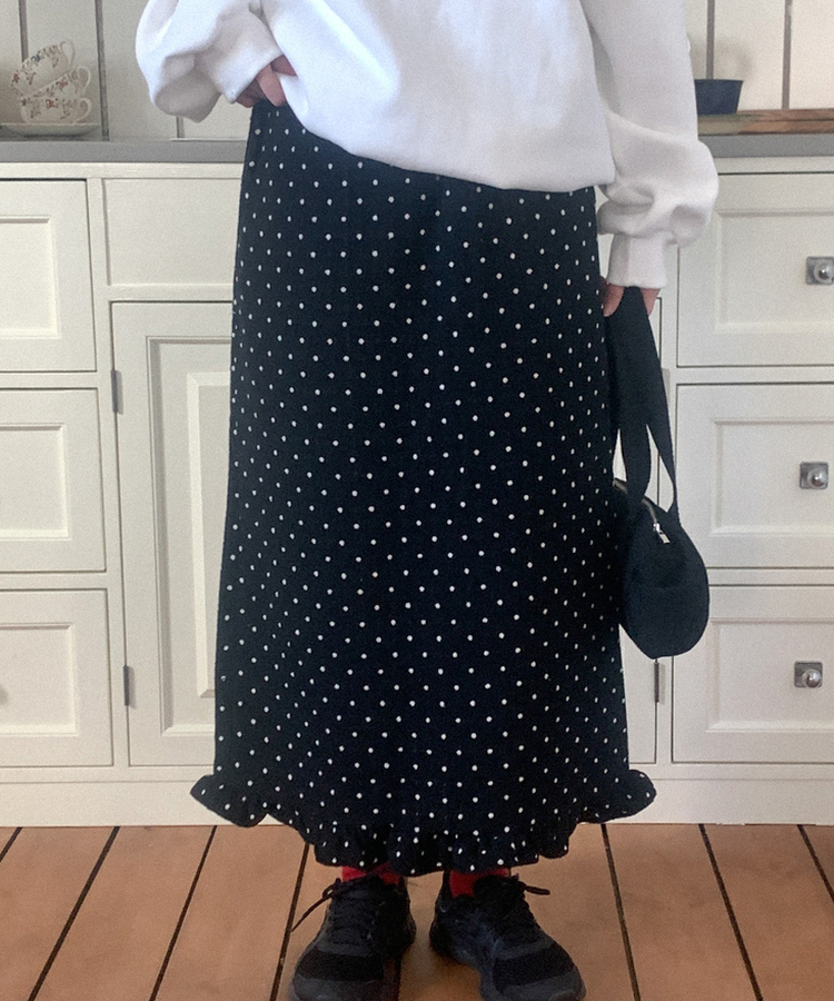 ウールドットフリルロングスカート BLACK