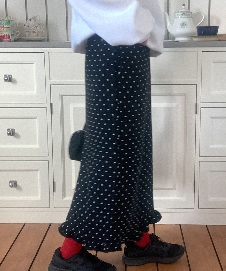 ウールドットフリルロングスカート BLACK