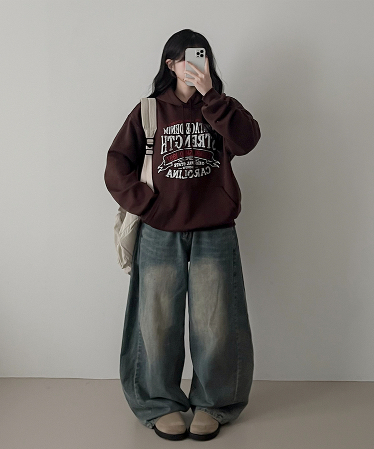 【起毛】ヘリテージレタリングフード BROWN