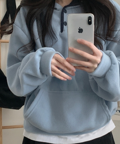 토즈오 버튼 스냅 후드 배색 후리스 소라