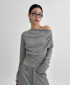 シャーリングワンショルダー長袖Tシャツ LIGHT GRAY