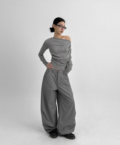 シャーリングワンショルダー長袖Tシャツ LIGHT GRAY