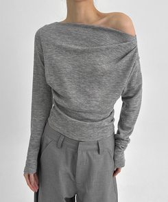シャーリングワンショルダー長袖Tシャツ LIGHT GRAY
