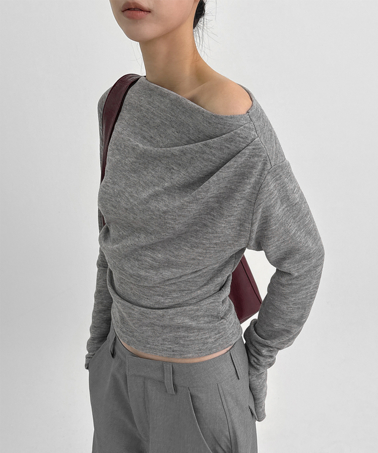シャーリングワンショルダー長袖Tシャツ LIGHT GRAY