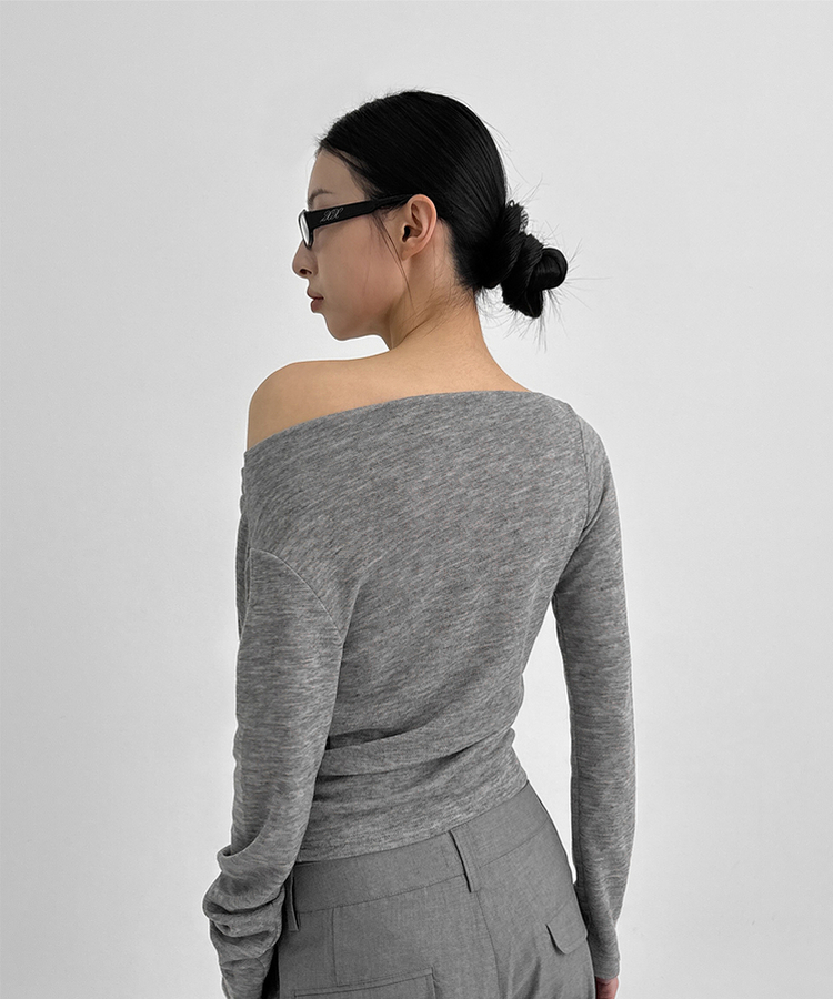 シャーリングワンショルダー長袖Tシャツ LIGHT GRAY