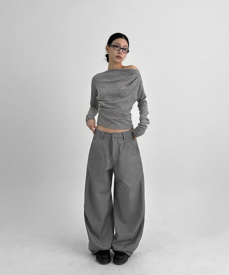 シャーリングワンショルダー長袖Tシャツ LIGHT GRAY