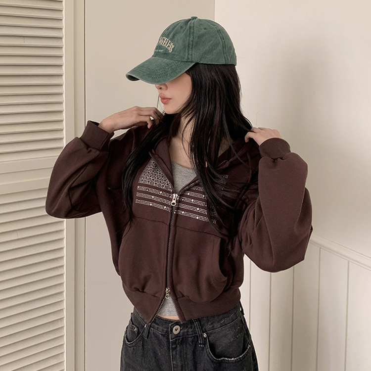 グリッターフードジップアップパーカー BROWN