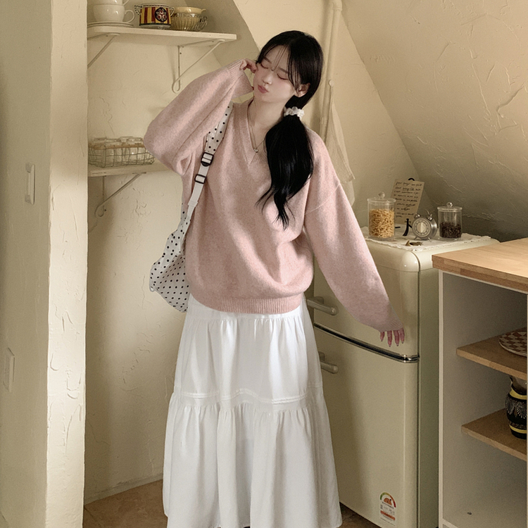 램스울 무지 브이넥 램스울 나그랑 오버핏 울니트 여름쿨톤 소라색니트 딸기우유 빅사이즈 카메오로즈