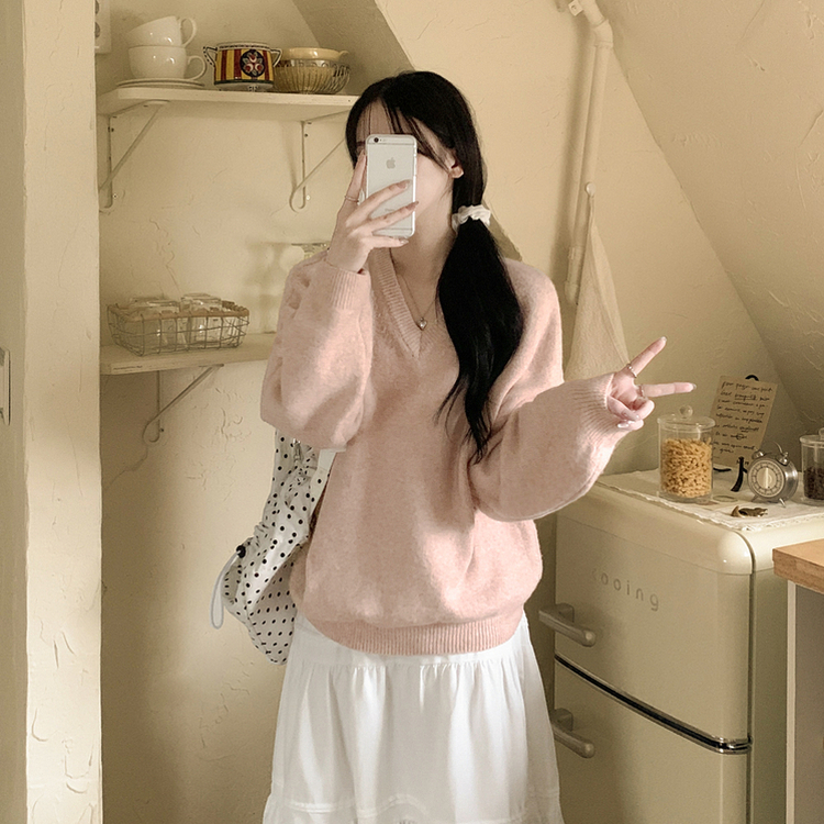 램스울 무지 브이넥 램스울 나그랑 오버핏 울니트 여름쿨톤 소라색니트 딸기우유 빅사이즈 카메오로즈