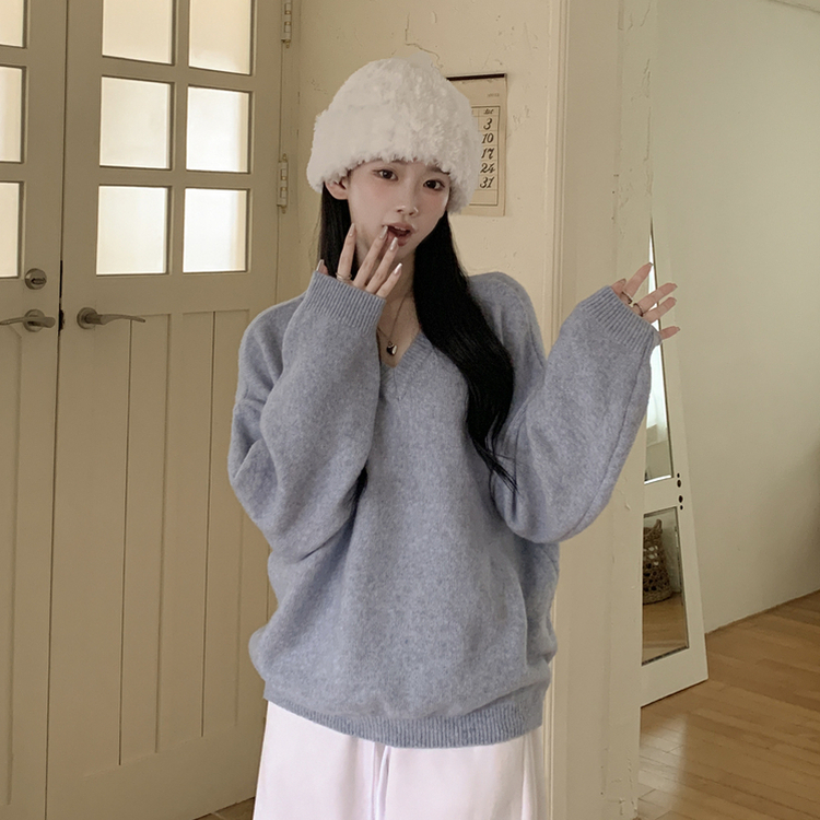 램스울 무지 브이넥 램스울 나그랑 오버핏 울니트 여름쿨톤 소라색니트 딸기우유 빅사이즈 진소라