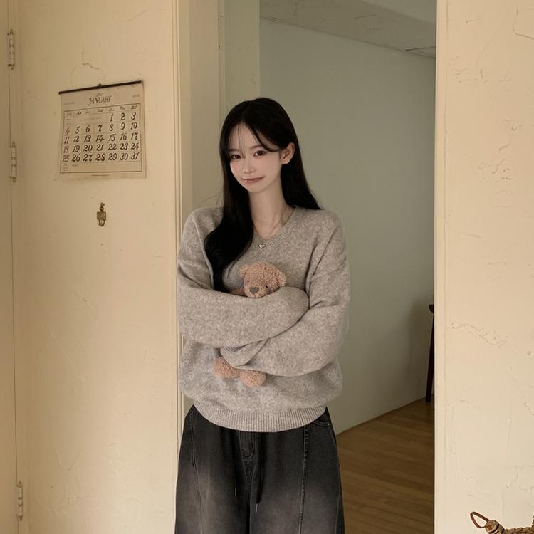 램스울 무지 브이넥 램스울 나그랑 오버핏 울니트 여름쿨톤 소라색니트 딸기우유 빅사이즈 라이트그레이