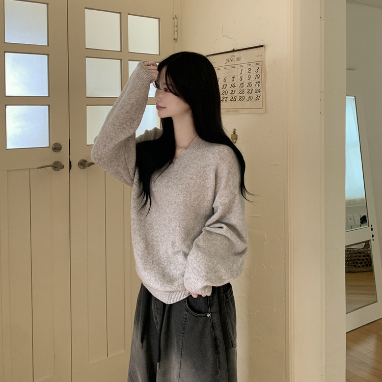 램스울 무지 브이넥 램스울 나그랑 오버핏 울니트 여름쿨톤 소라색니트 딸기우유 빅사이즈 라이트그레이