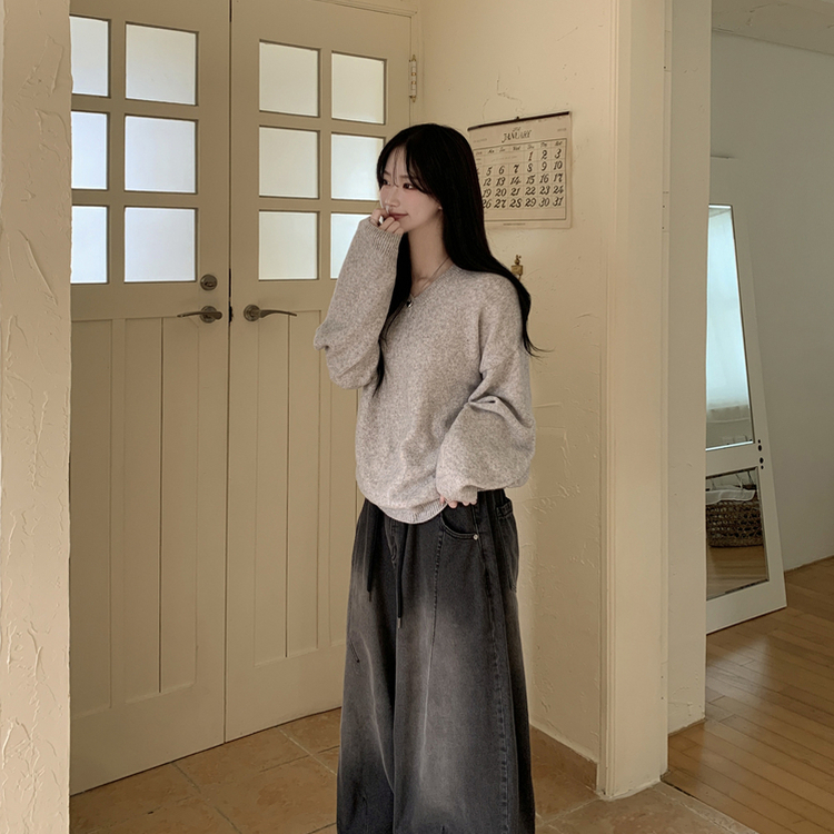 램스울 무지 브이넥 램스울 나그랑 오버핏 울니트 여름쿨톤 소라색니트 딸기우유 빅사이즈 라이트그레이