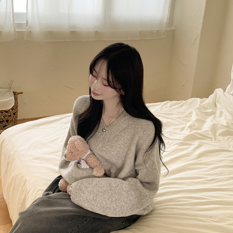 램스울 무지 브이넥 램스울 나그랑 오버핏 울니트 여름쿨톤 소라색니트 딸기우유 빅사이즈 라이트그레이