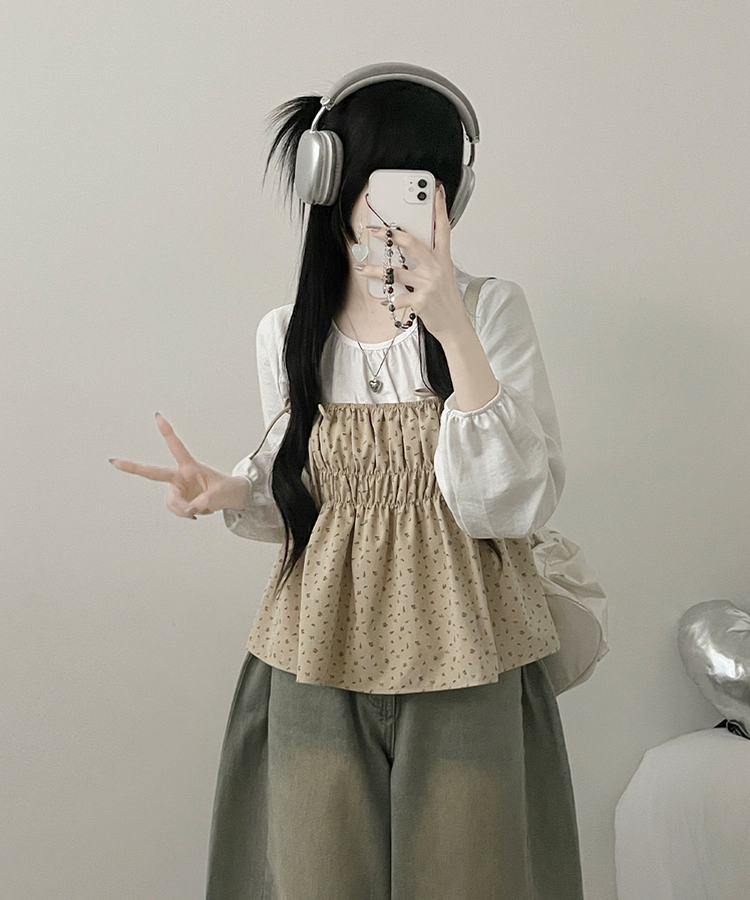 잔꽃리본끈뷔스티에퍼프라운드긴팔블라우스세트 베이지