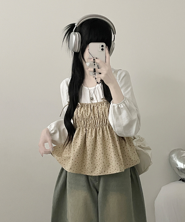 잔꽃리본끈뷔스티에퍼프라운드긴팔블라우스세트 베이지