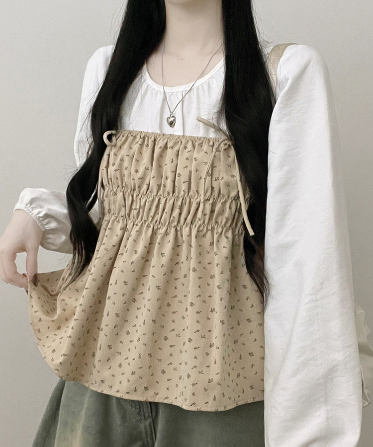 잔꽃리본끈뷔스티에퍼프라운드긴팔블라우스세트 베이지