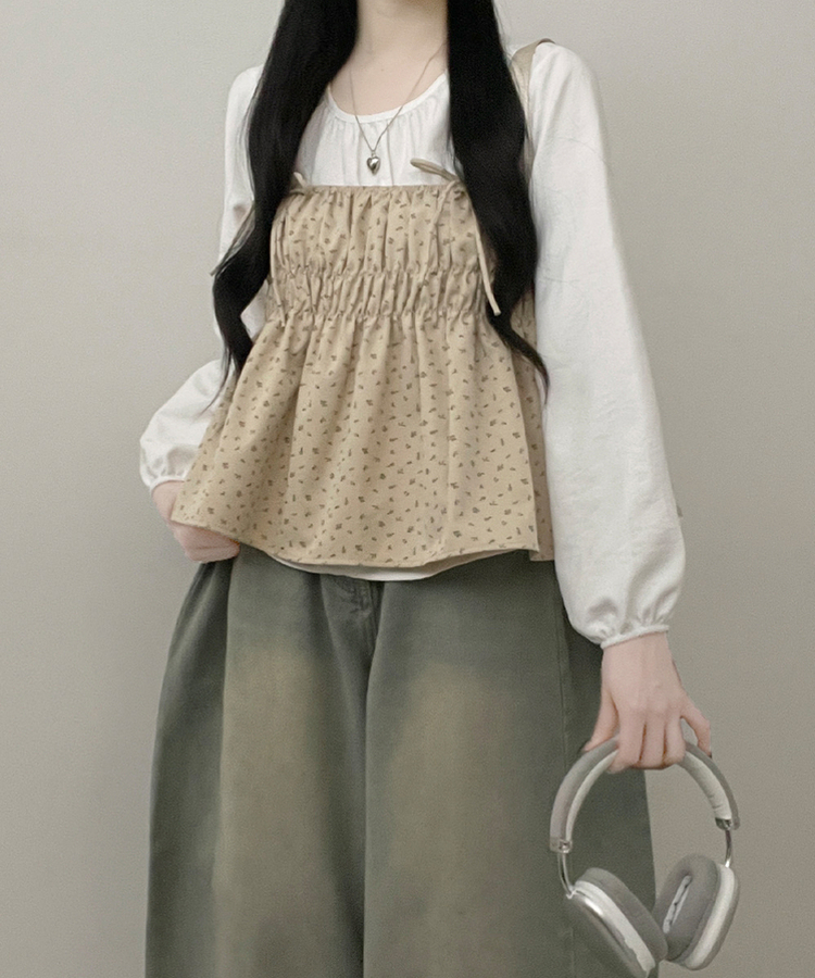 잔꽃리본끈뷔스티에퍼프라운드긴팔블라우스세트 베이지