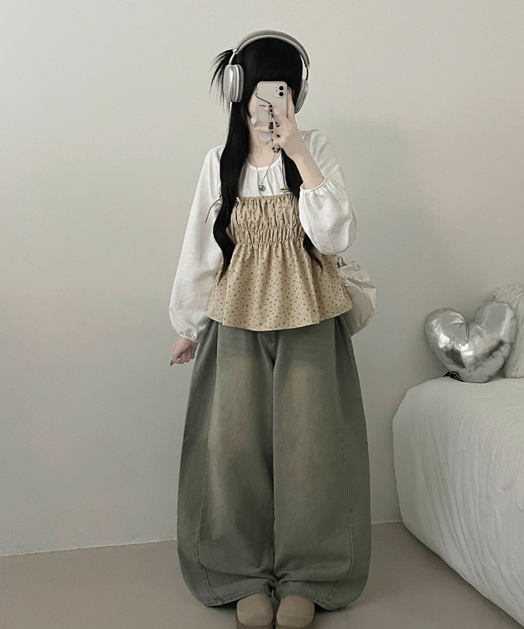 잔꽃리본끈뷔스티에퍼프라운드긴팔블라우스세트 베이지