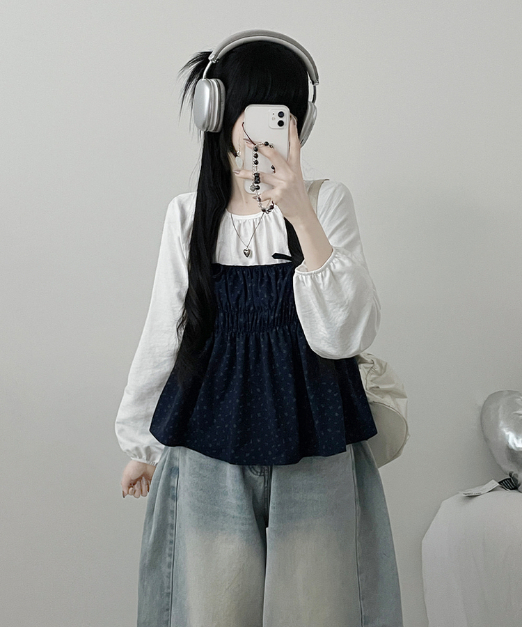 잔꽃리본끈뷔스티에퍼프라운드긴팔블라우스세트 곤색