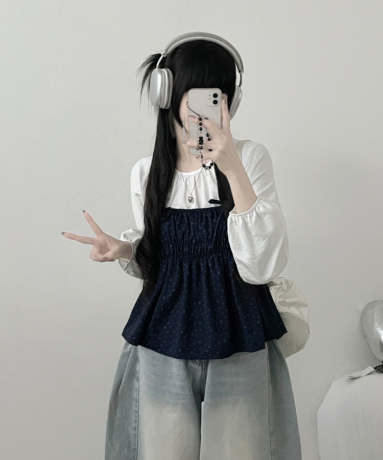 잔꽃리본끈뷔스티에퍼프라운드긴팔블라우스세트 곤색