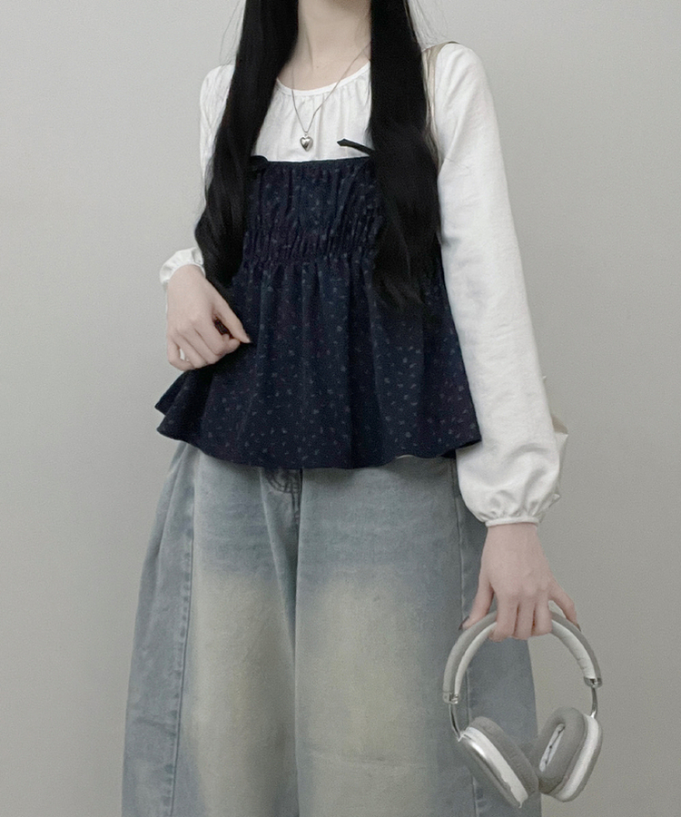 잔꽃리본끈뷔스티에퍼프라운드긴팔블라우스세트 곤색