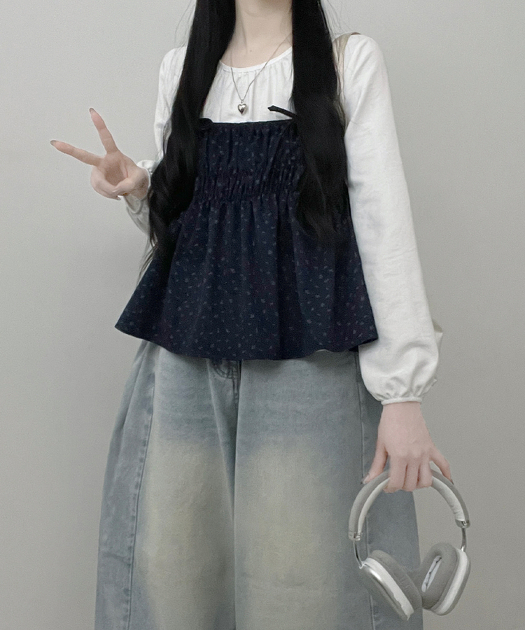 잔꽃리본끈뷔스티에퍼프라운드긴팔블라우스세트 곤색