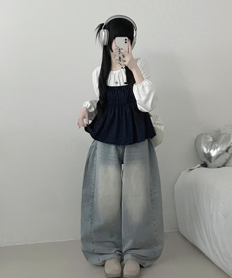 잔꽃리본끈뷔스티에퍼프라운드긴팔블라우스세트 곤색