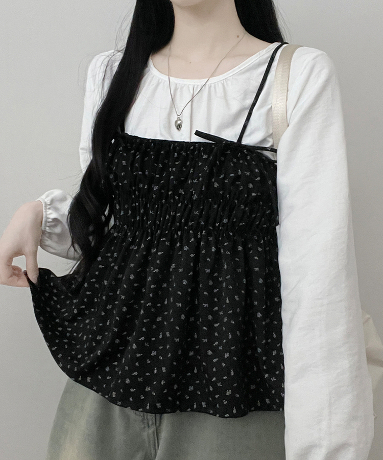 잔꽃리본끈뷔스티에퍼프라운드긴팔블라우스세트 검정