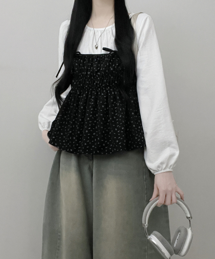 잔꽃리본끈뷔스티에퍼프라운드긴팔블라우스세트 검정