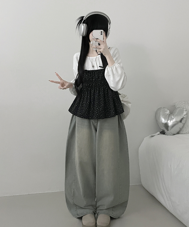 잔꽃리본끈뷔스티에퍼프라운드긴팔블라우스세트 검정