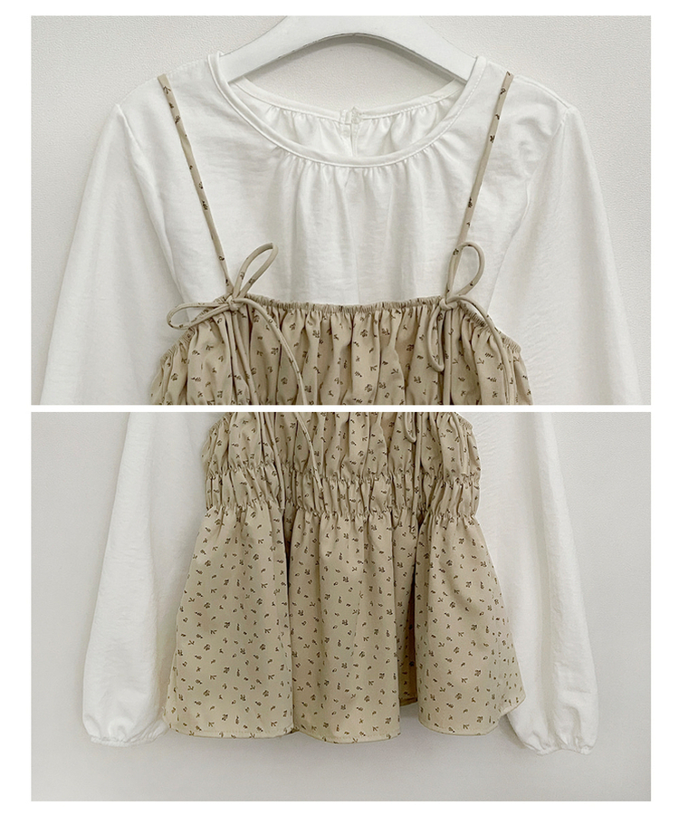 잔꽃리본끈뷔스티에퍼프라운드긴팔블라우스세트