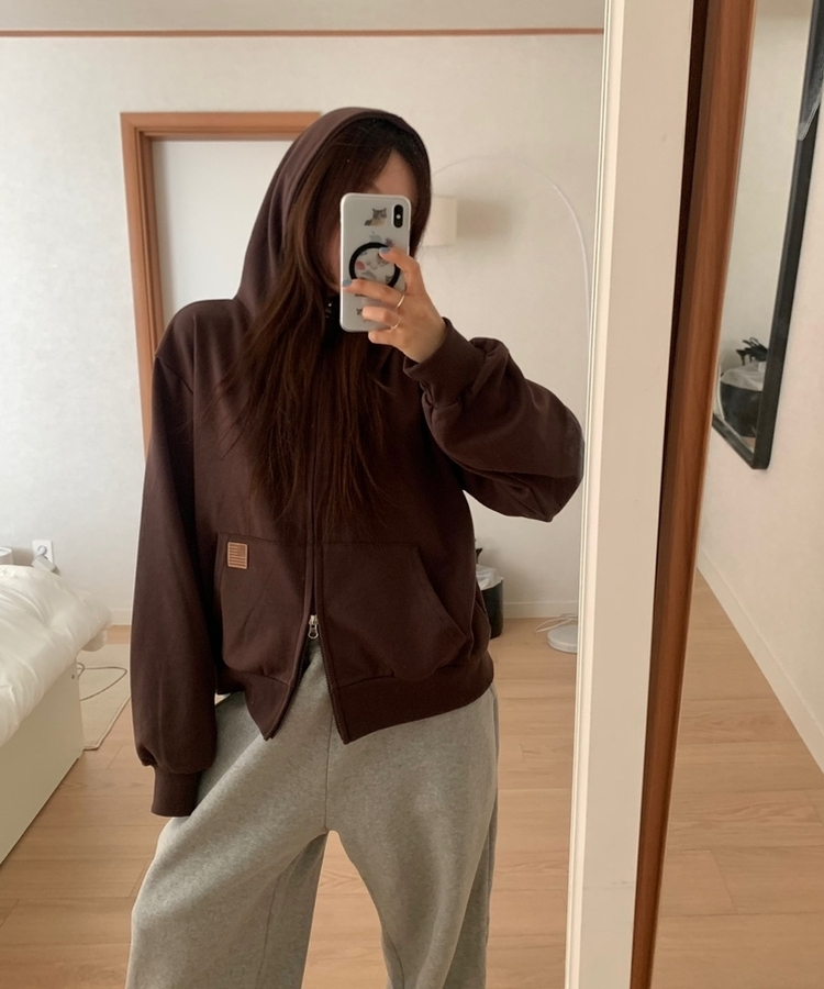 ミニレザーUSAハイネックフードジップアップ(5color) BROWN
