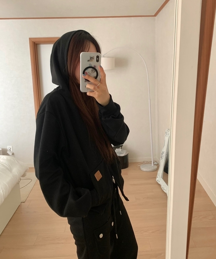 ミニレザーUSAハイネックフードジップアップ(5color) BLACK