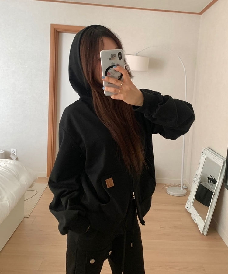 ミニレザーUSAハイネックフードジップアップ(5color) BLACK