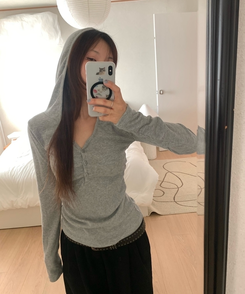 Vネックボタンシャーリングフード(6color) MELANGE