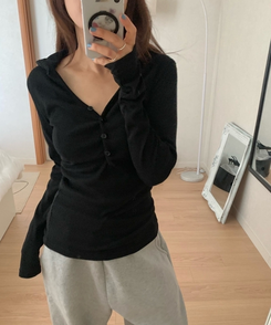 Vネックボタンシャーリングフード(6color) BLACK