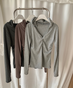 Vネックボタンシャーリングフード(6color)