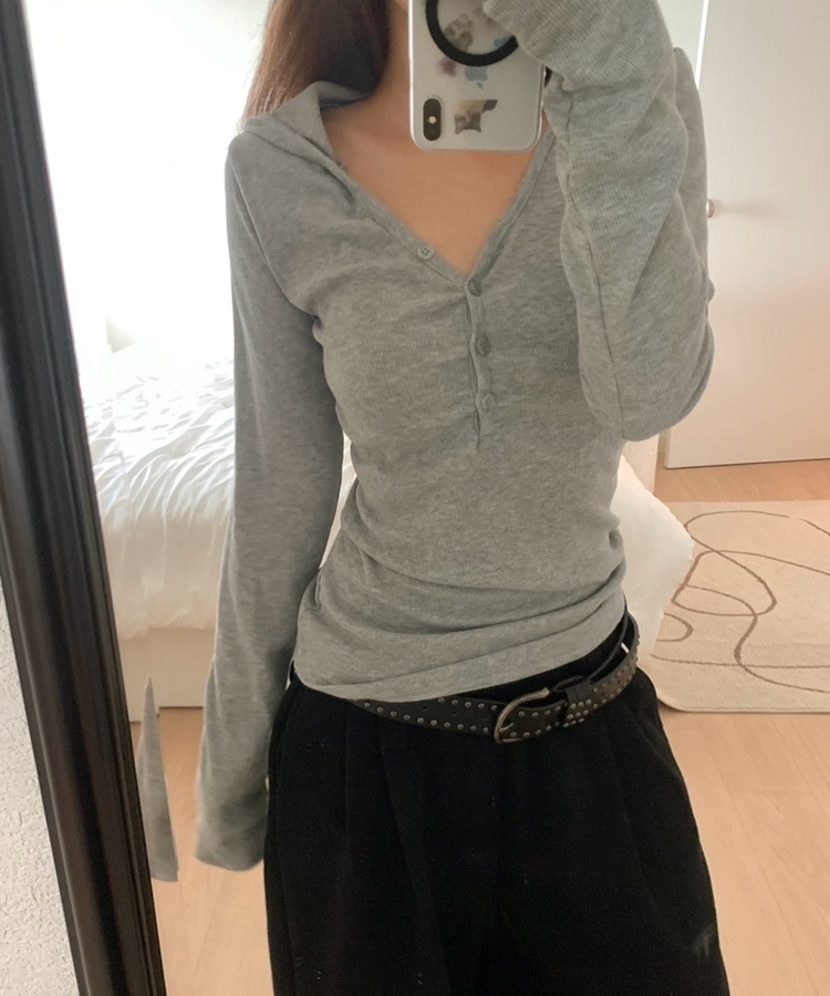 Vネックボタンシャーリングフード(6color) MELANGE